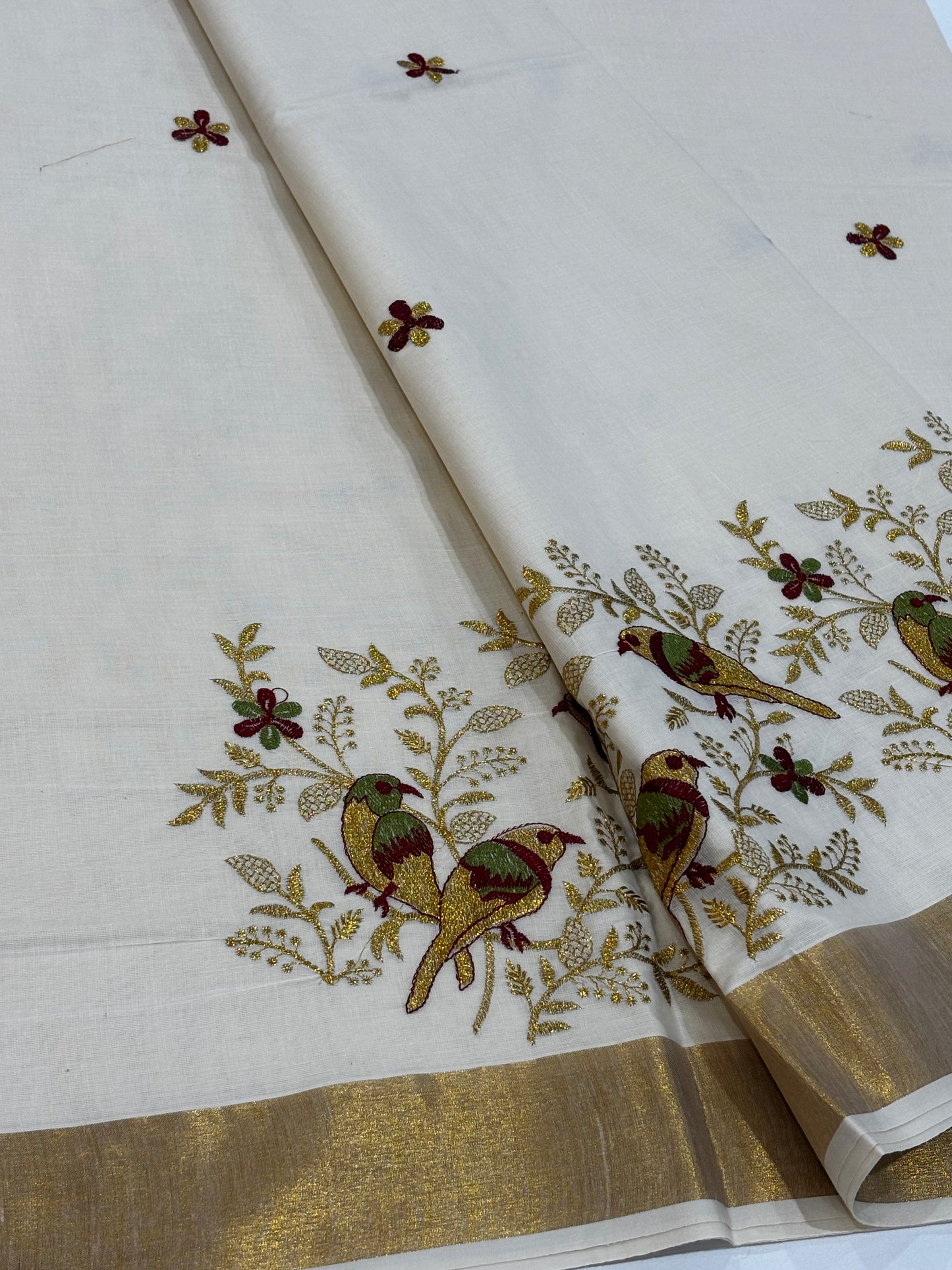 Kerala Kasavu saree with bird embroidery and gold zari border – view 6