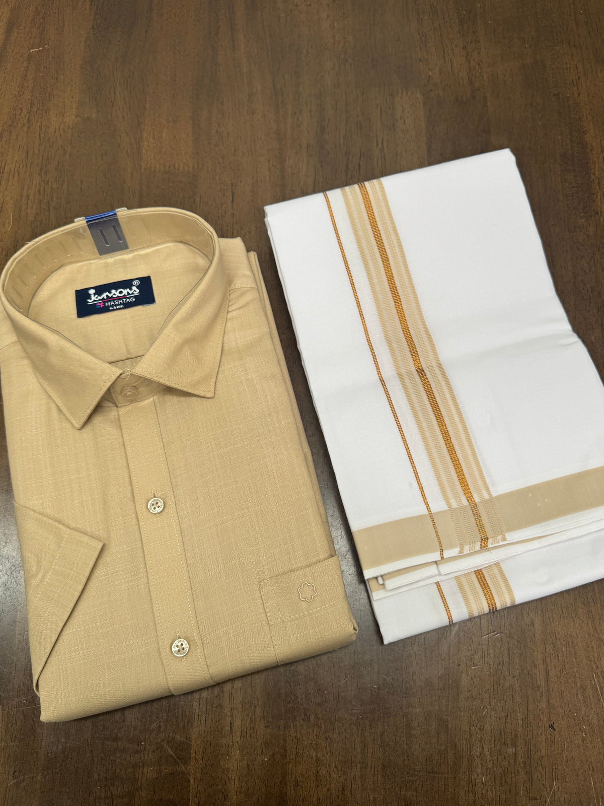 Beige Half‑Sleeve Shirt with White Veshti and Gold‑Beige Zari Border