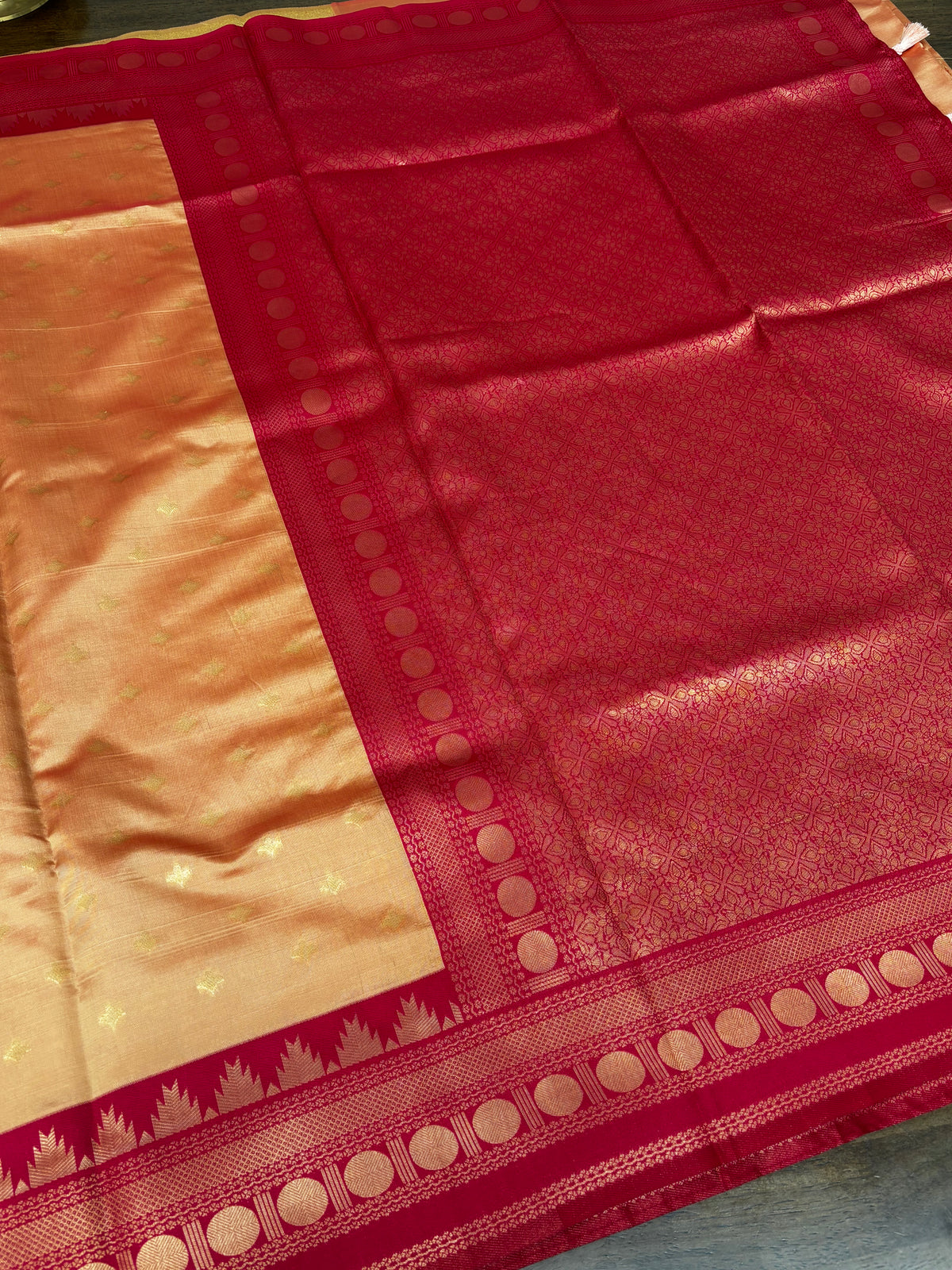 Beautiful Peach Gold Saree with Rani Pink Temple Zari Border & Blouse Piece Included