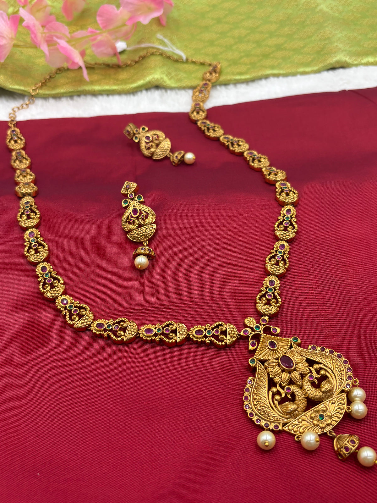 Premium Matte Gold Finish Temple Long Haram Set with Ruby & Pearl Detailing