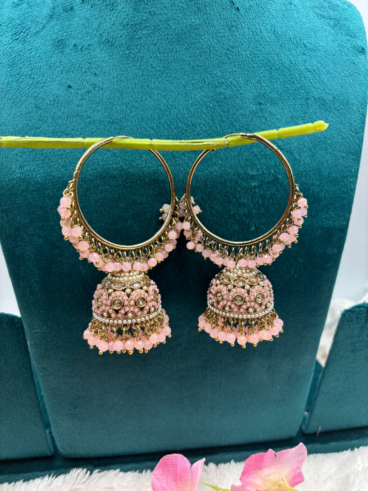 Hoop Jhumka Earrings with Kundan, Pearls & Peach Beads