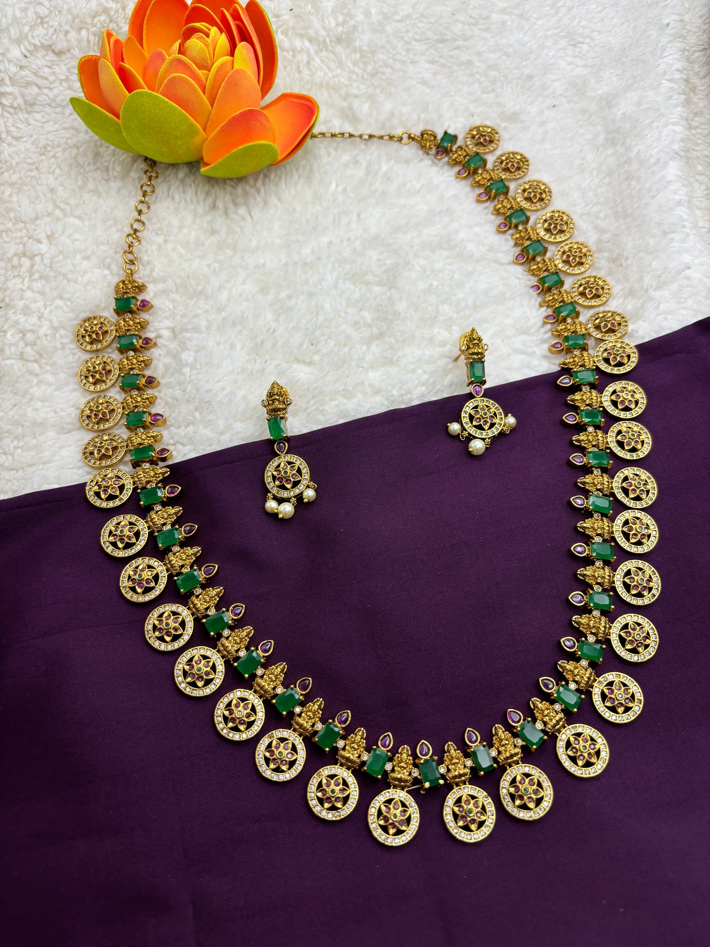 Divine Grace – Temple & Coin Design Long Haram with Green & Pink Stones