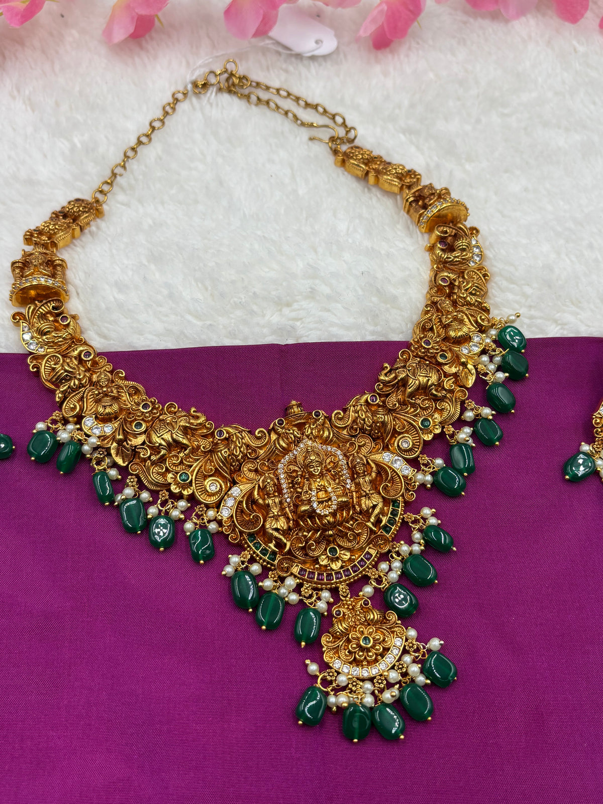 Premium Nakshi Temple Necklace Set with Lakshmi Design, Green Beads & Matching Earrings – Antique Gold Finish