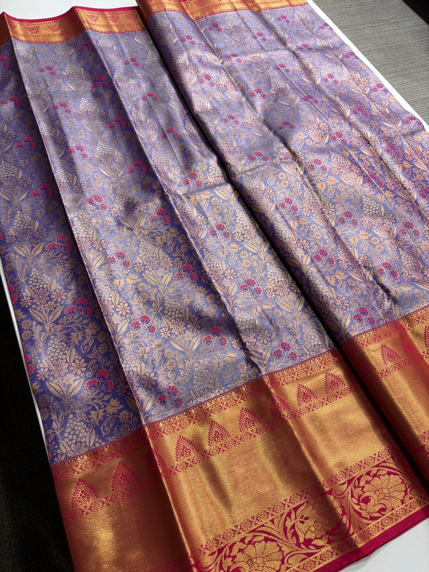Elegant Lavender Semi Silk Saree with Rani Pink Highlights & Traditional Contrast Detailing