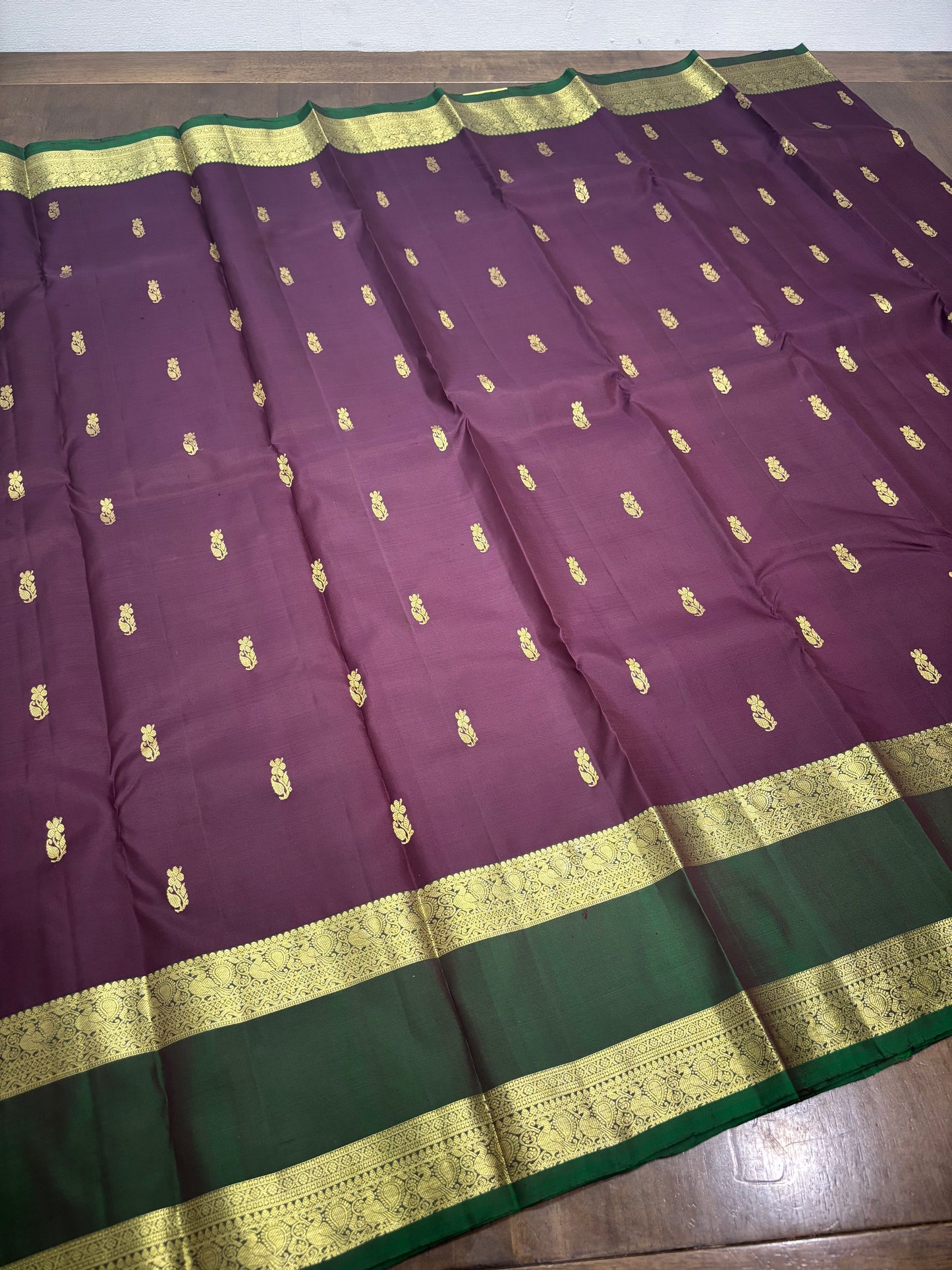 đ Regal Burgundy & Green Kanchipuram Pure Silk Saree with Grand Zari Work