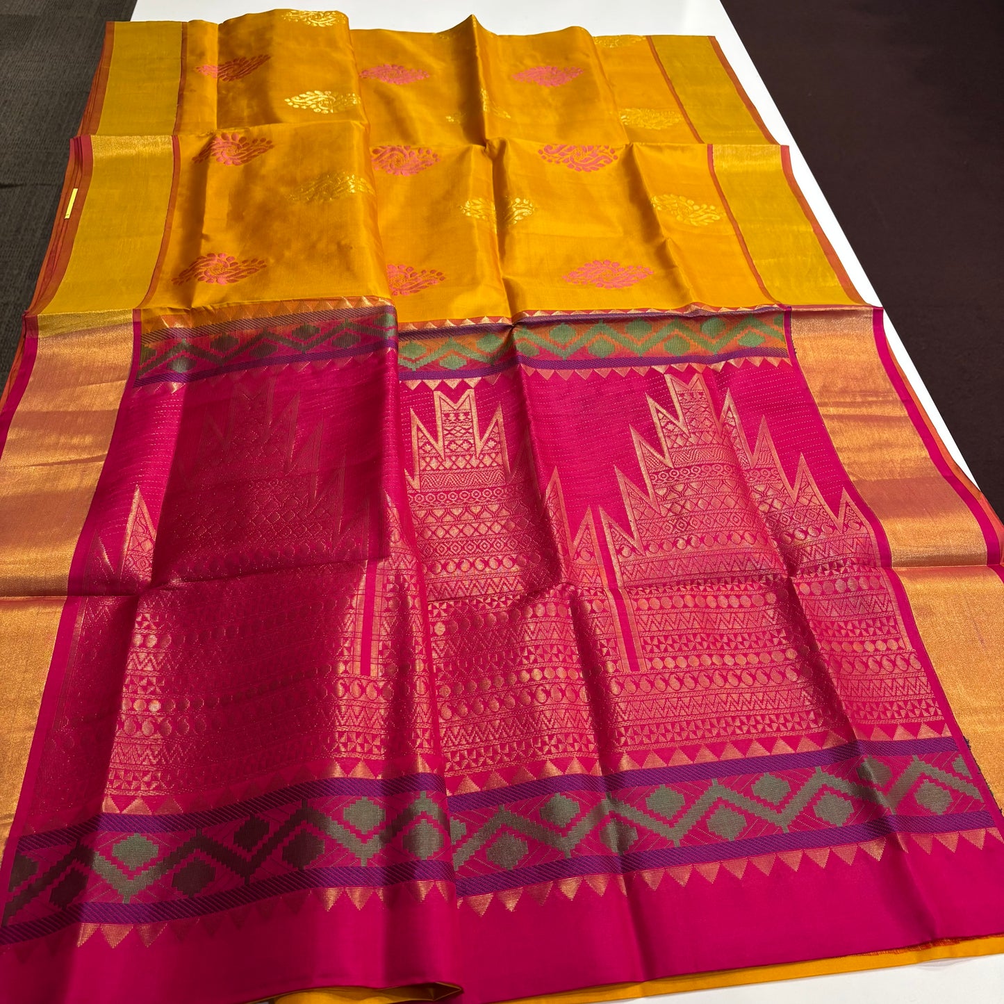 Sunshine & Silk: Yellow Kanchipuram Silk Saree with Rani Pink Pallu