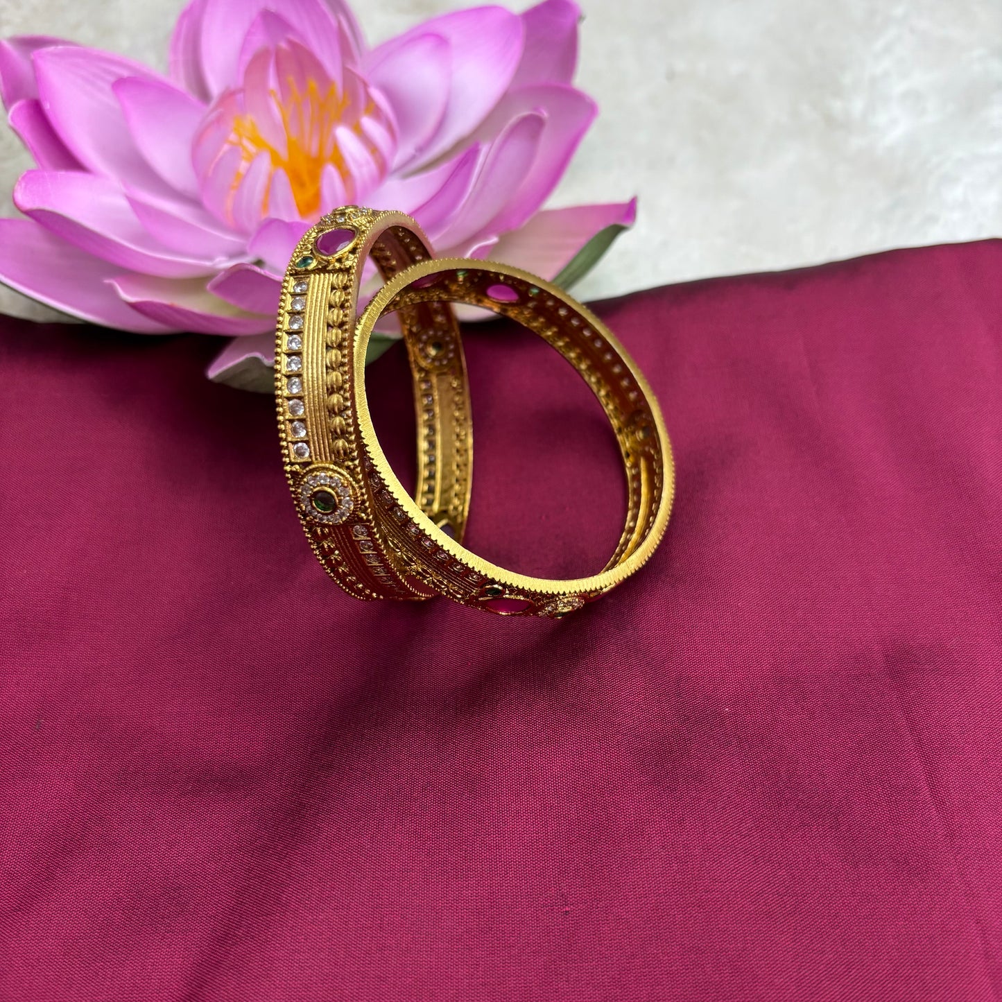 Matte Gold Bangles with Pink & Green Stones – South Indian Inspired