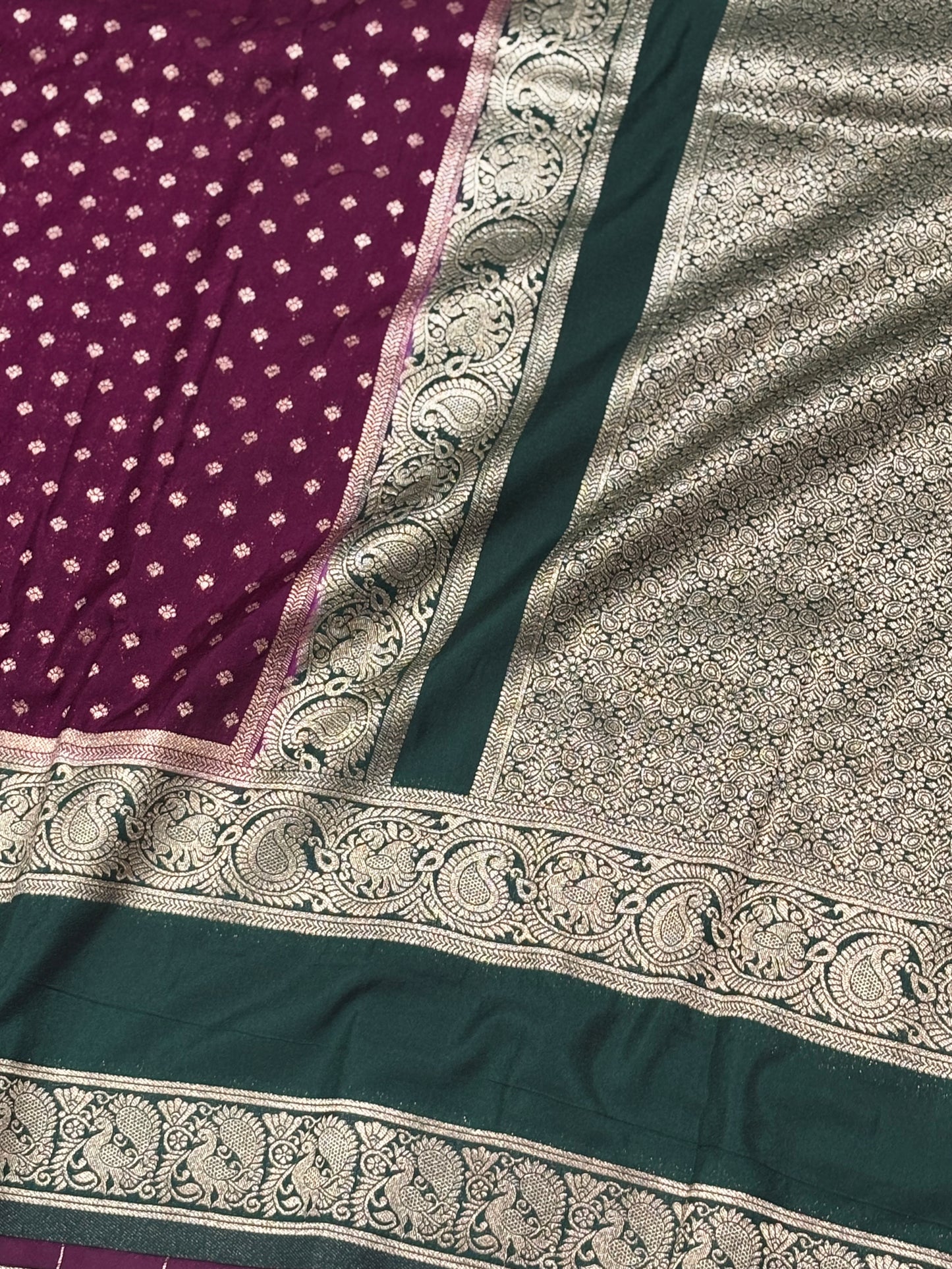 Gracefully Crafted Wine Banarasi Soft Silk Saree with Green Zari Border, Pallu, Tassels & Blouse