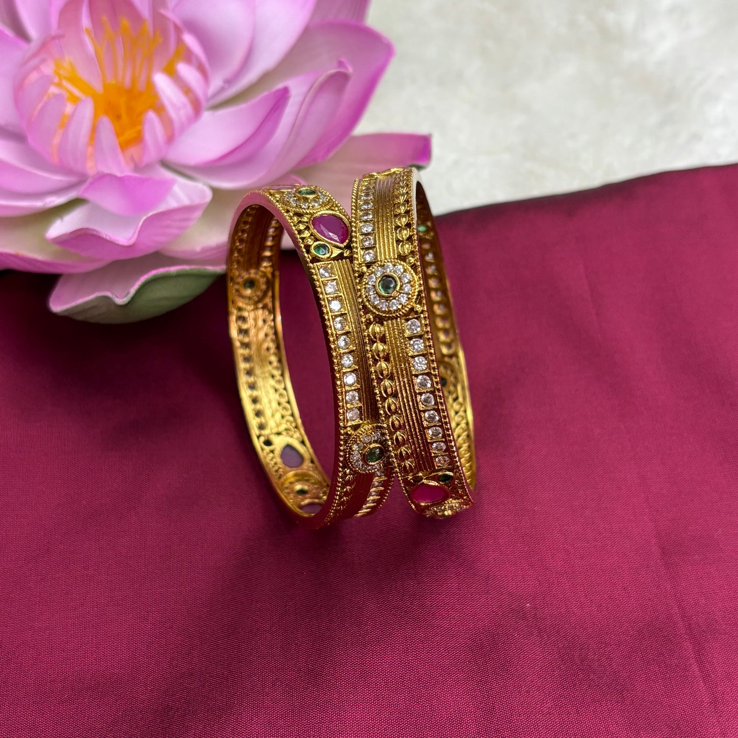 Matte Gold Bangles with Pink & Green Stones – South Indian Inspired