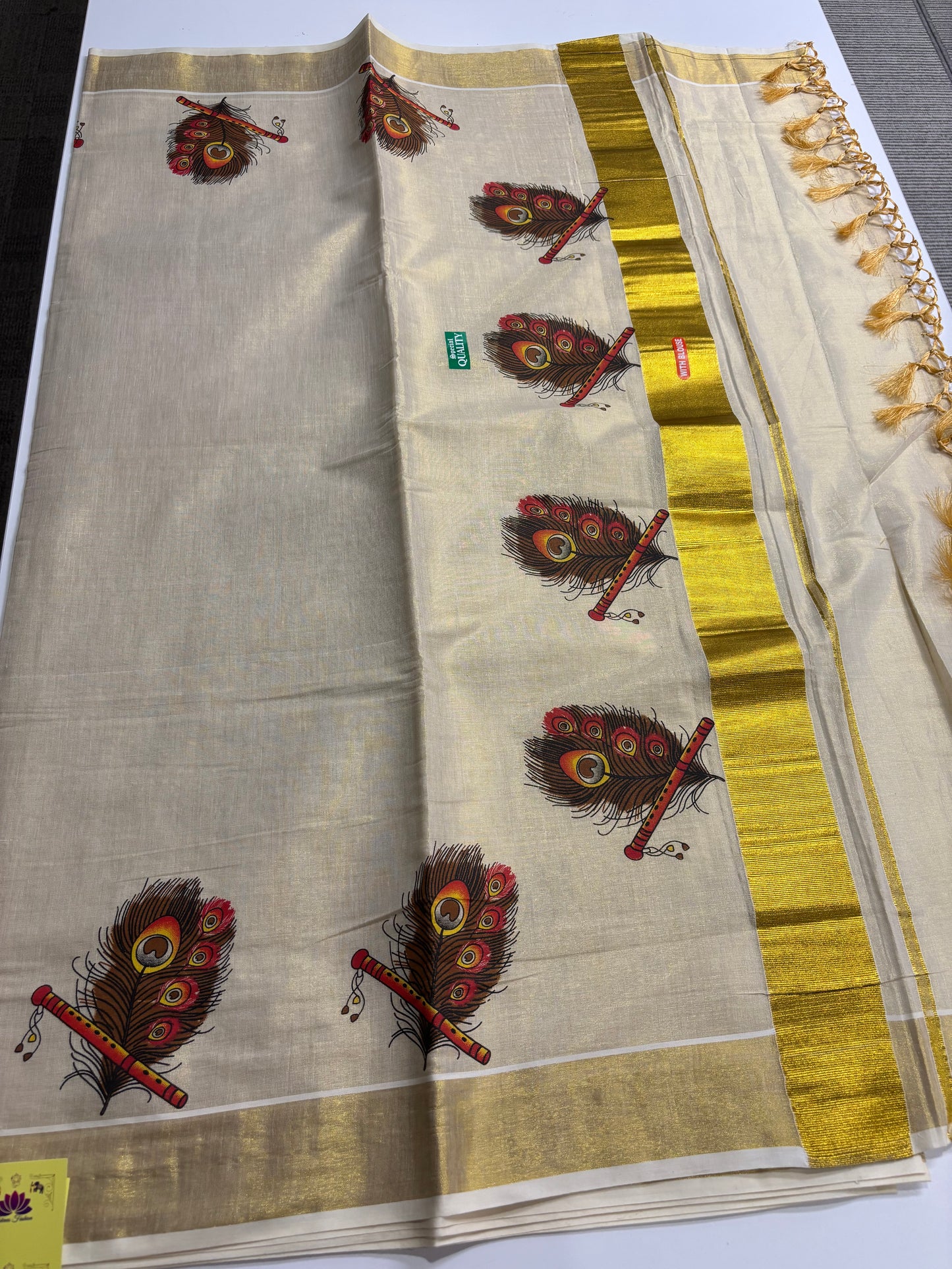 Kerala Kasavu tissue silk saree with peacock feather and flute motifs – view 5