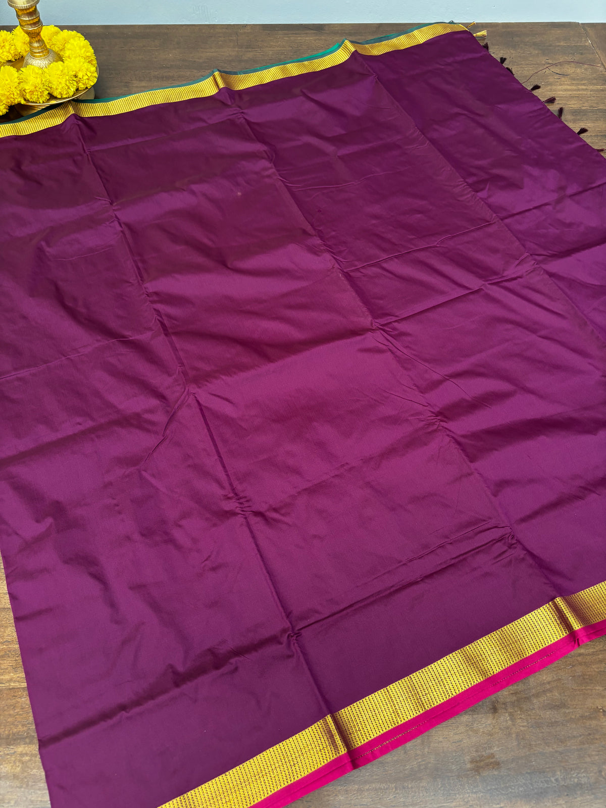 Traditional Wine Semi Silk Saree with Green Pallu and Ganga Jamuna Border