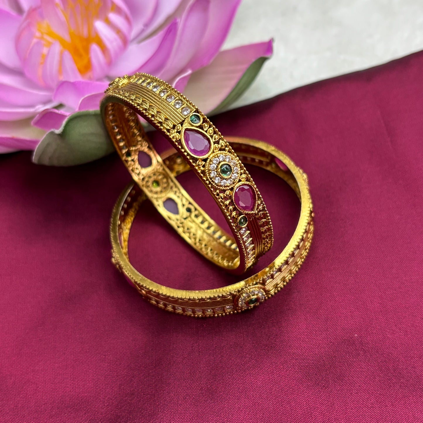 Matte Gold Bangles with Pink & Green Stones – South Indian Inspired