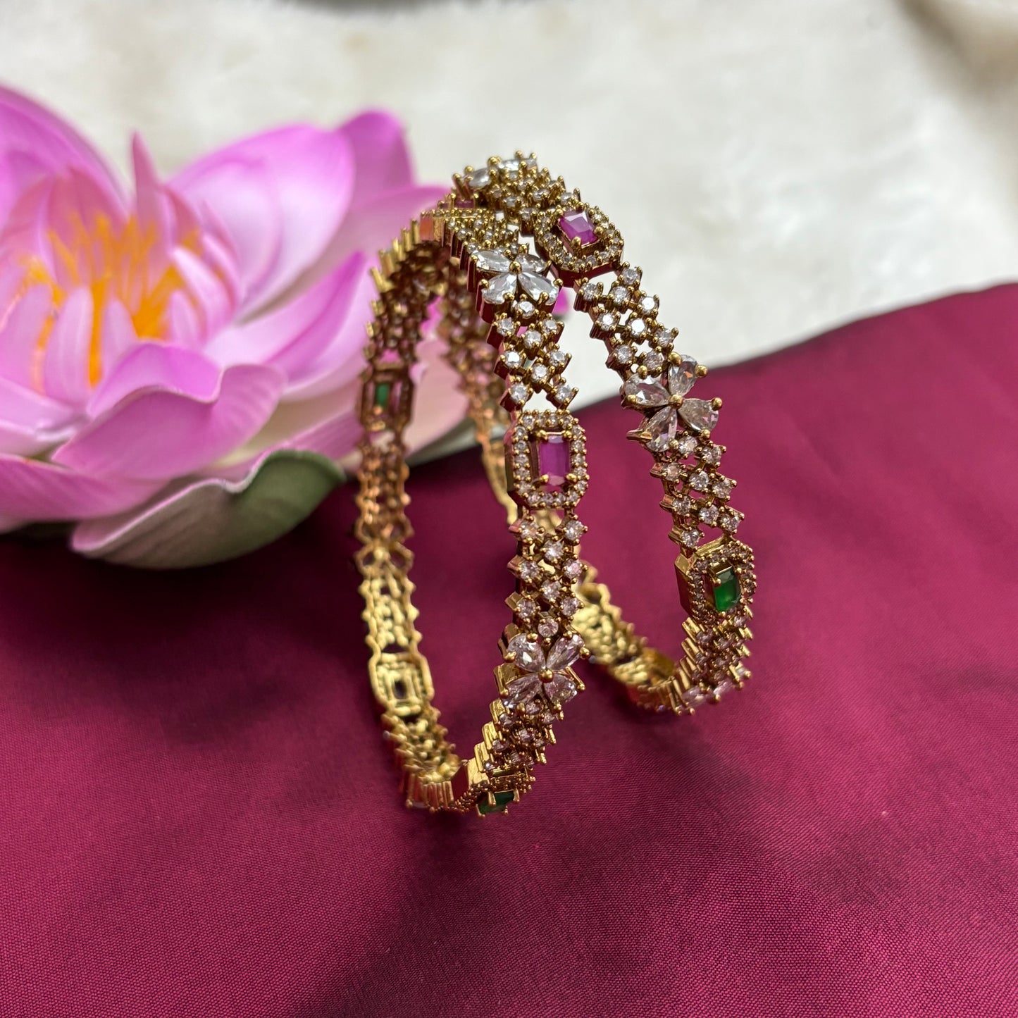 Antique Matte Finish Bangles with Dual-Tone Kemp Stones