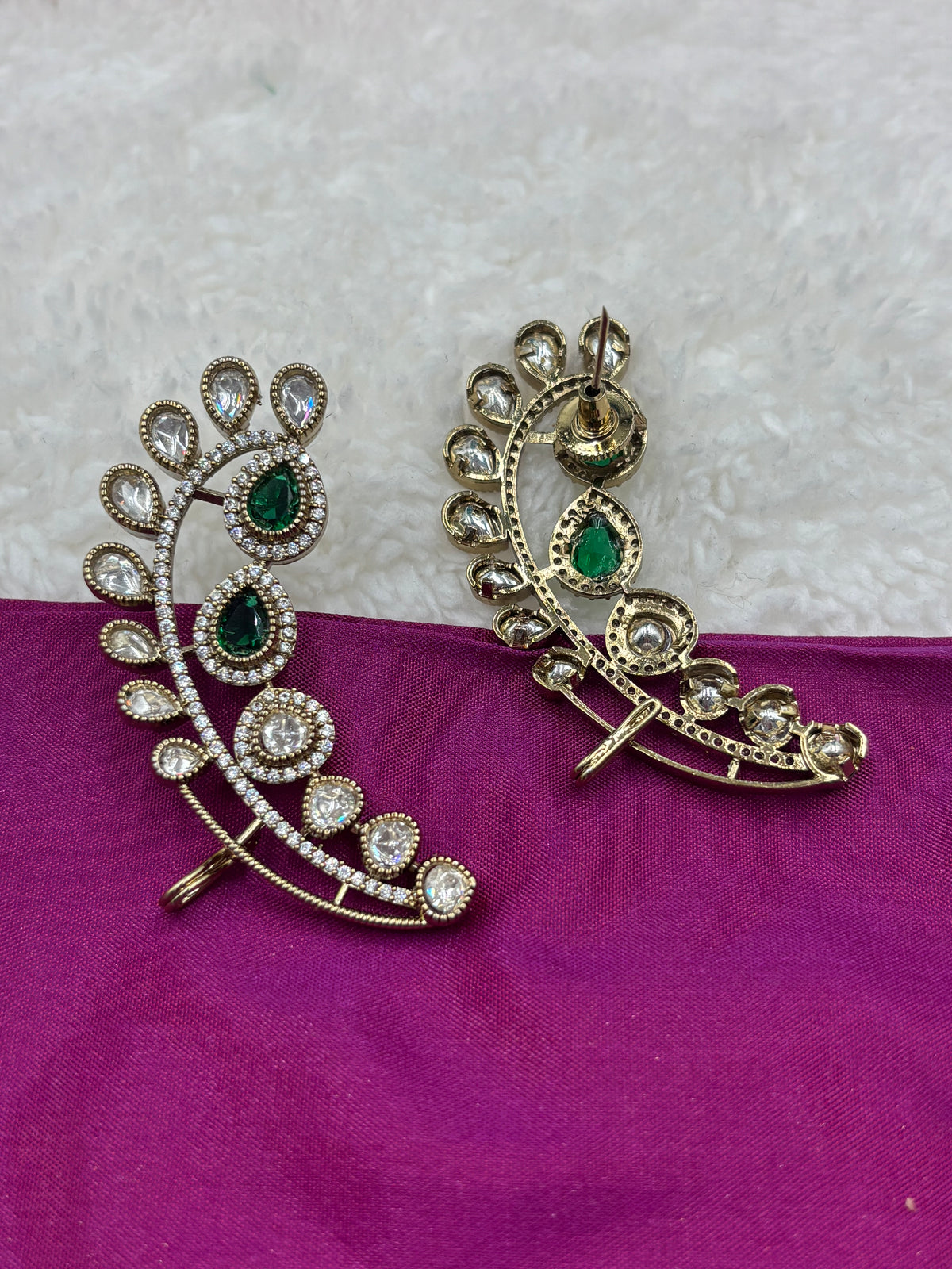 Polki Ear Cuff Studs with Emerald‑Green & Clear Stones – Gold Finish