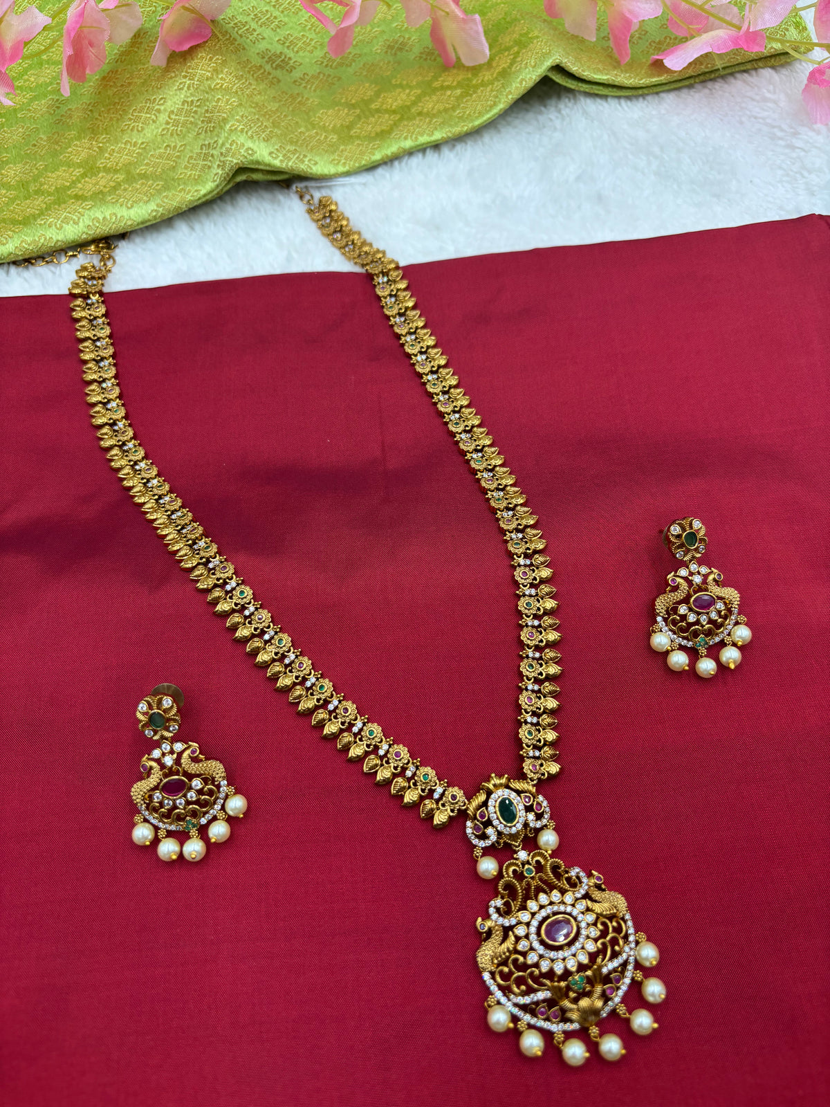 Premium Matte Finish Long Haram Set – Traditional Temple Craftsmanship