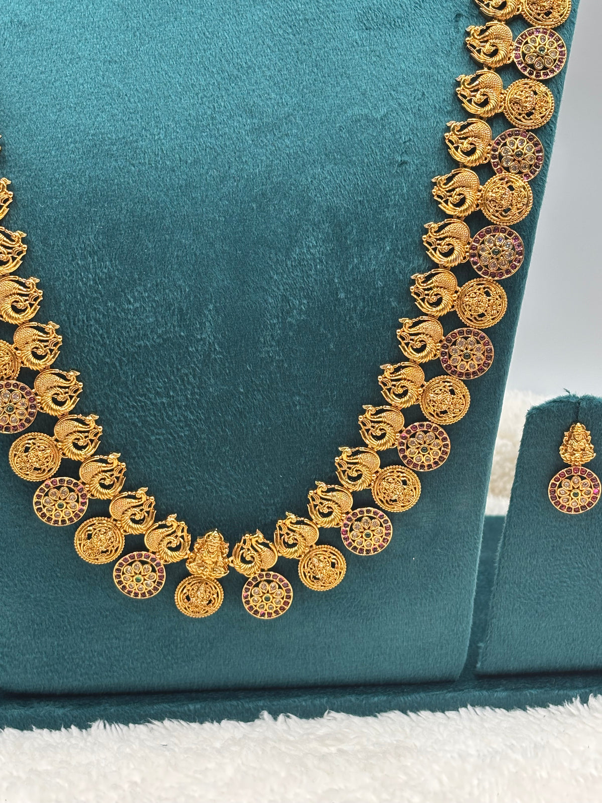 Antique Temple Jewellery Set – Peacock & Lakshmi Coin Long Haram with Earrings
