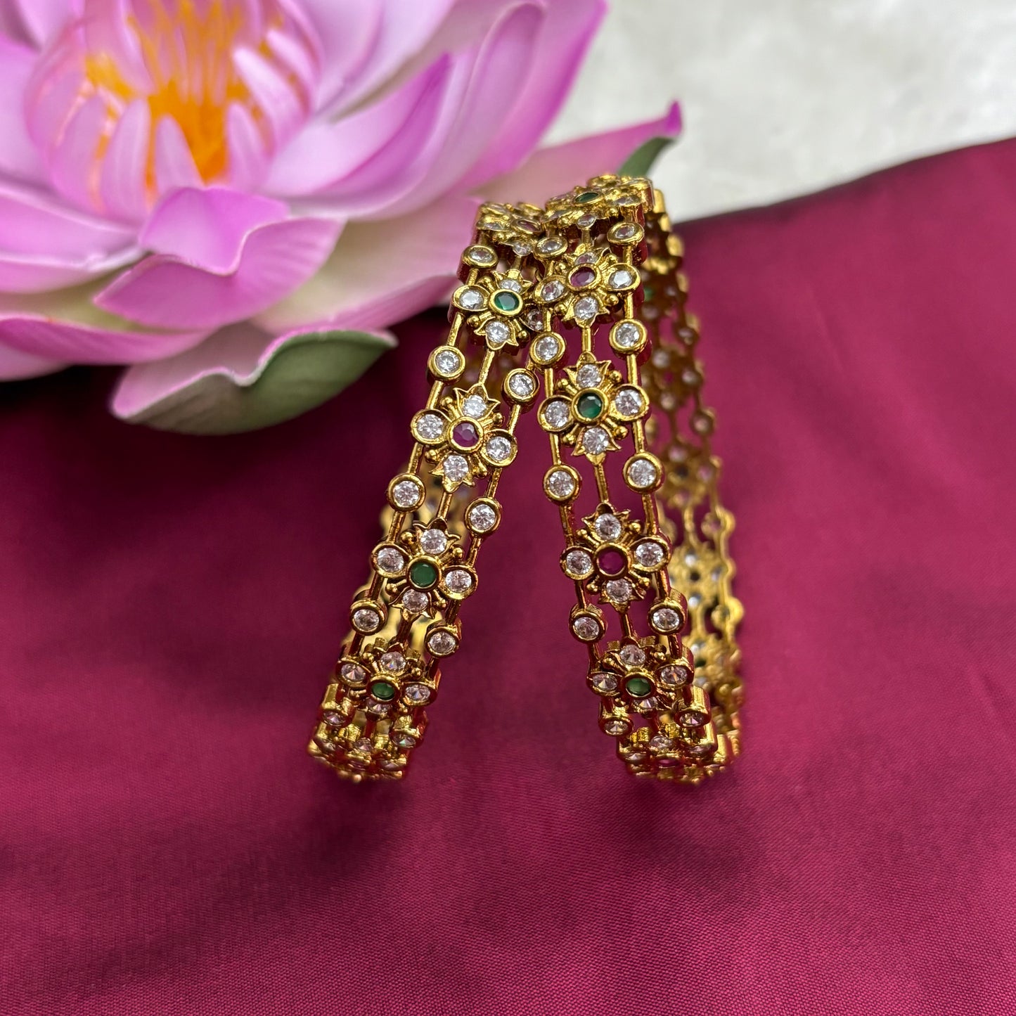 Matte Gold Finish CZ Stone Bangles – Green & Pink Accents