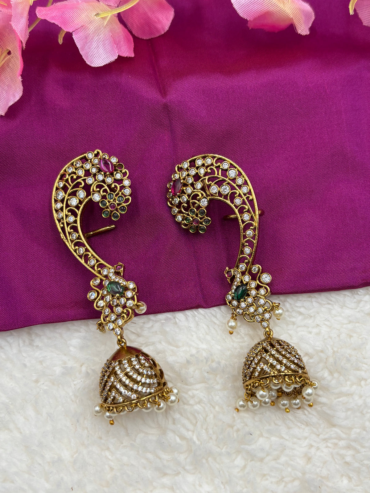 Antique Gold Finish Temple Earcuff with Ruby, Green Stones & Pearl Drops