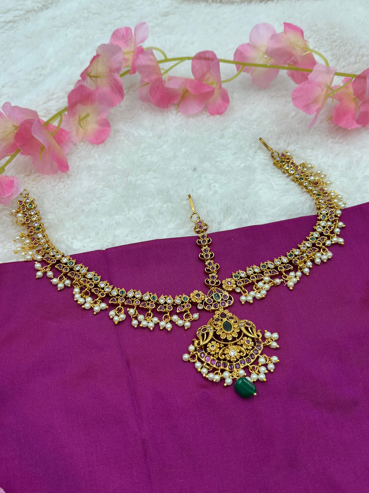 Elegant Matte Gold 3‑Layer Temple Tikka with Lakshmi Motif & Green Bead Drop