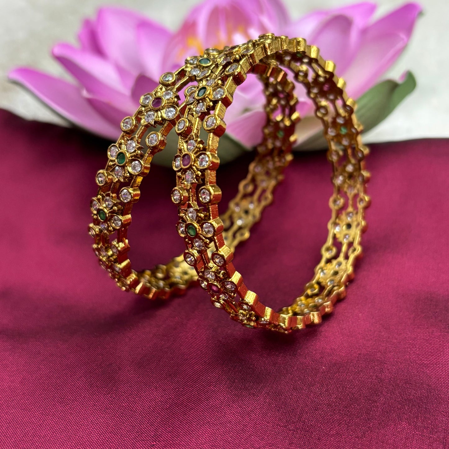 Matte Gold Finish CZ Stone Bangles – Green & Pink Accents
