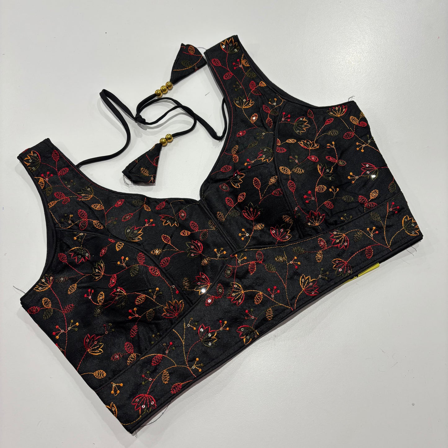 Black Readymade Blouse with Gold Embroidery & Attached Sleeve Fabric