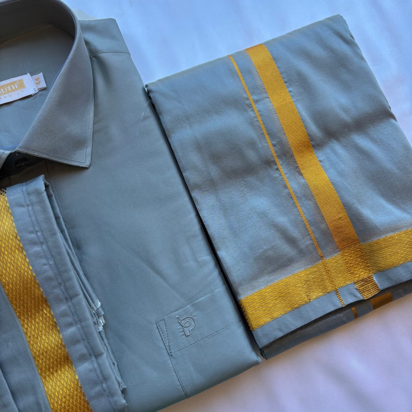 South Indian Pastel Grey Silk Vesti Shirt Set – Festive Collection