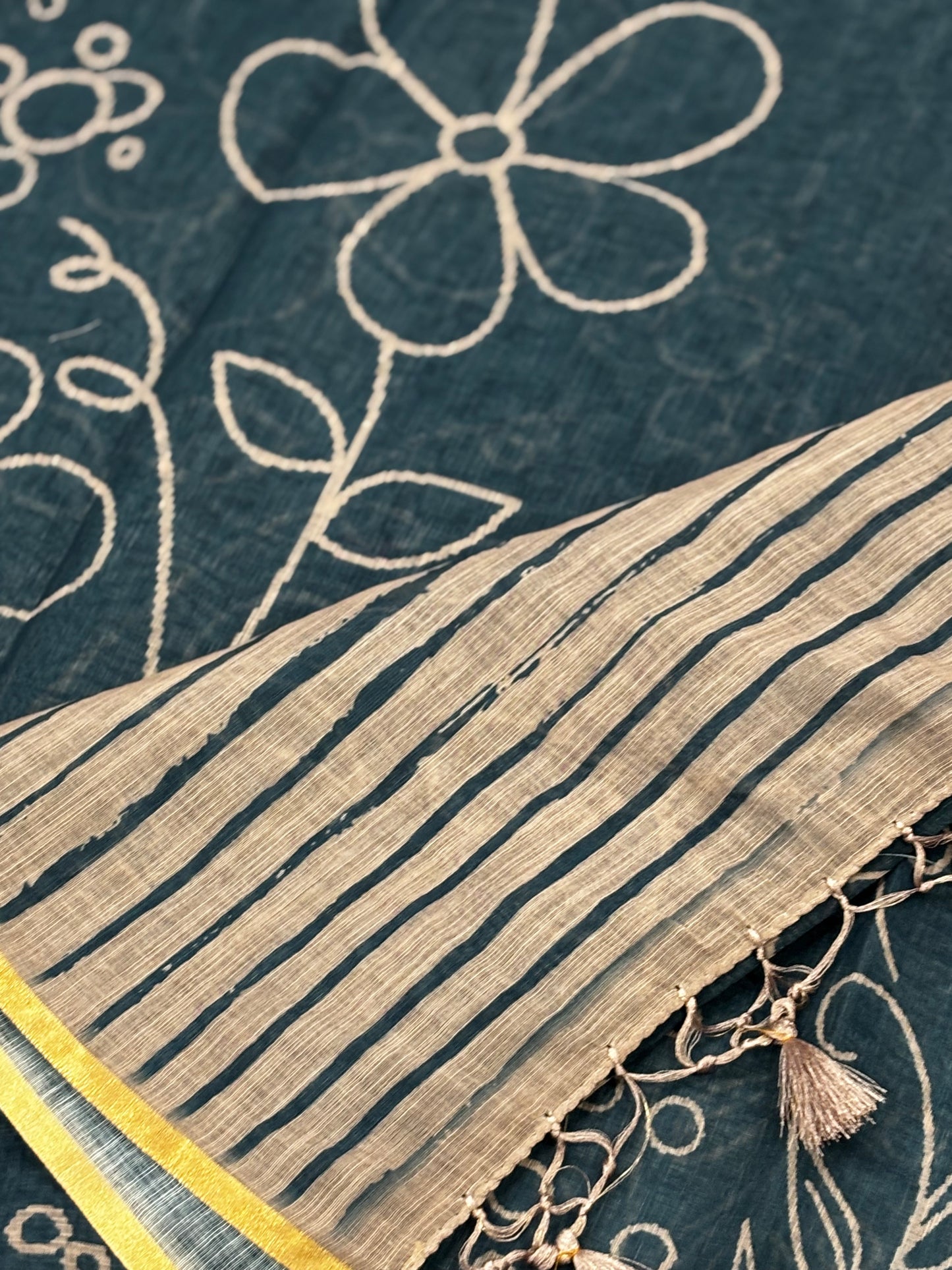 Elegantly Ink Blue Linen Cotton Saree with White Floral Print, Golden Contrast Border & Printed Blouse Piece | Shrees Fashion