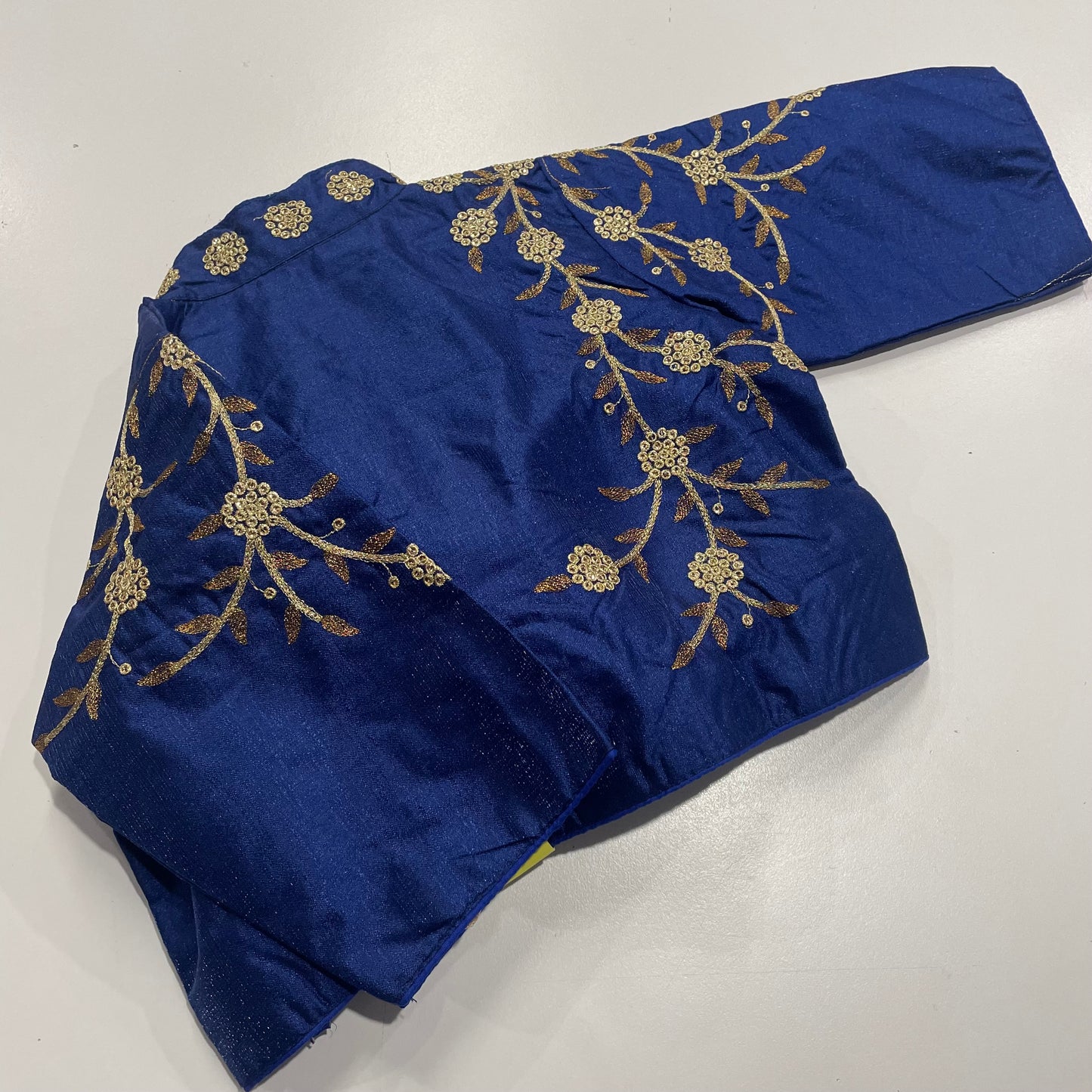 Royal Blue Collar Neck Ready-Made Blouse with Gold Embroidery – Regal Fusion for Sarees & Festive Wear