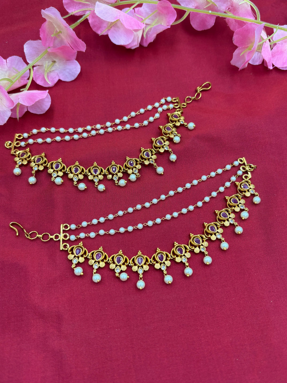 Premium Ear Chain with Pink Stone Lotus Design & Pearl Accents