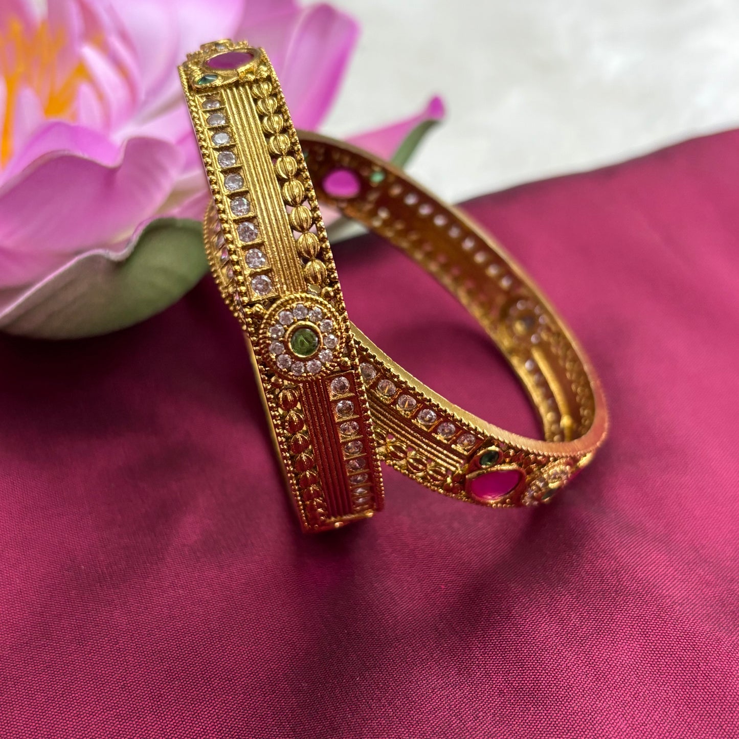 Matte Gold Bangles with Pink & Green Stones – South Indian Inspired