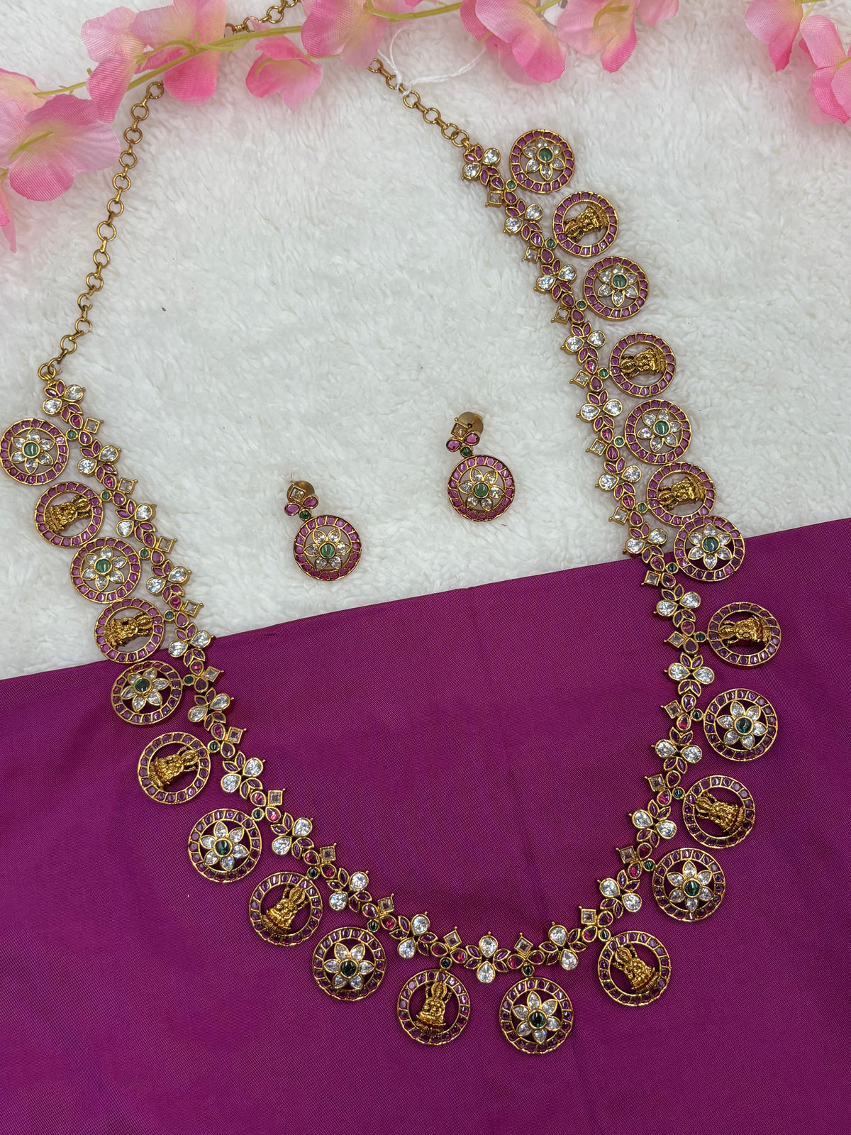 Premium Temple Jewellery – Coin Design Long Haram Set with Kemp Stones & Earrings