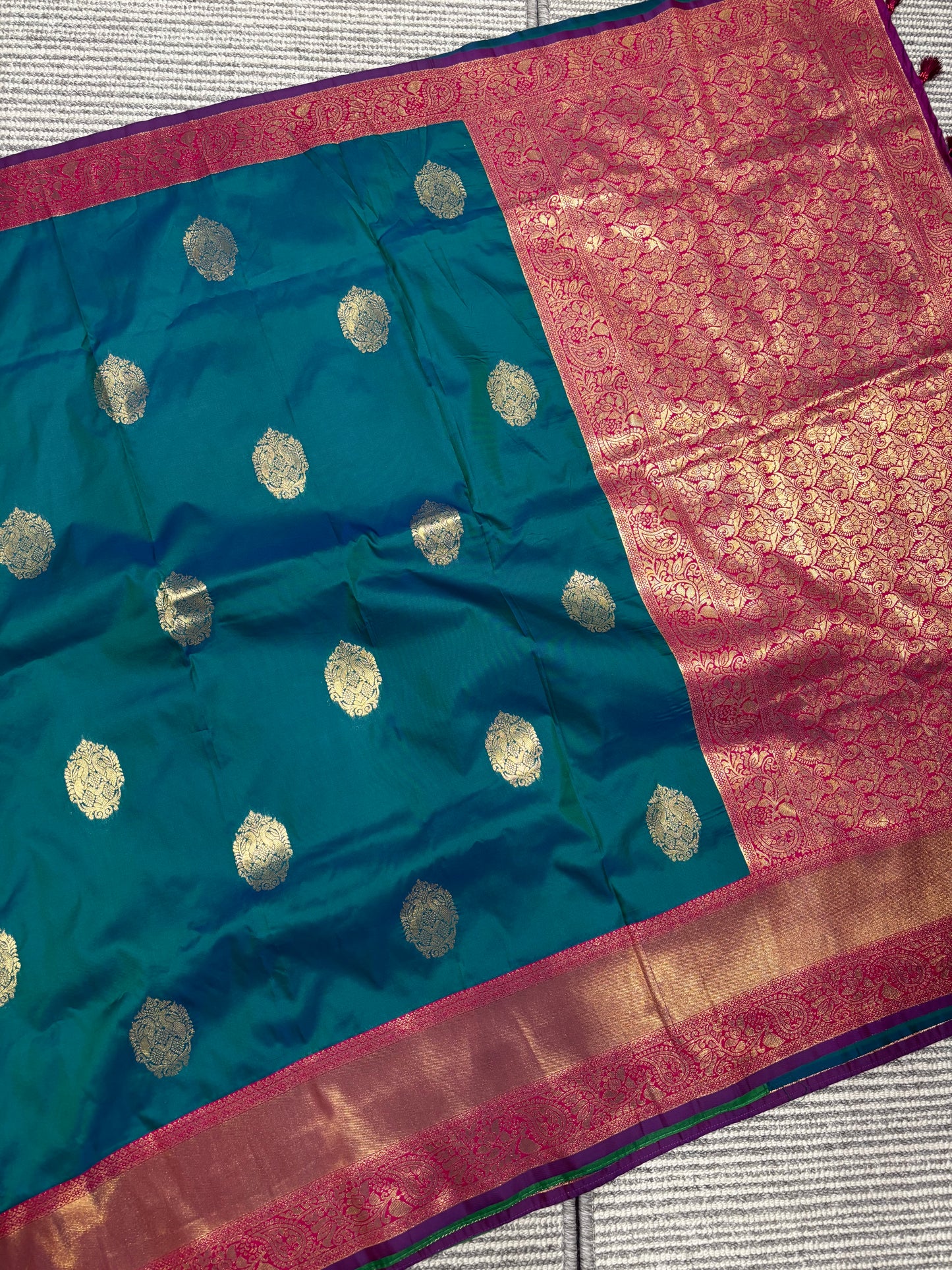 Elegant Semi Kanchipuram Silk Saree in Teal Blue & Pink Contrast