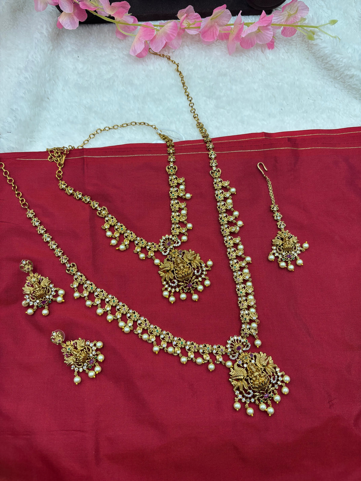 Semi‑Bridal Temple Jewellery Set with Lakshmi Design, Pink Stones & Pearls – Antique Gold Finish