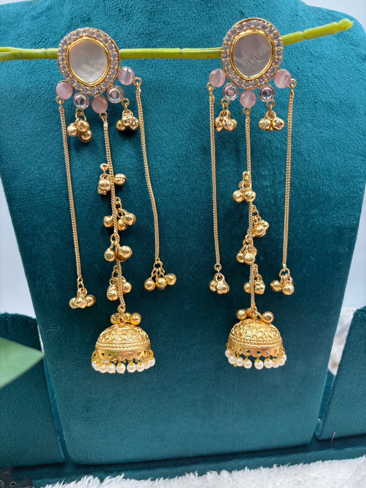 Three‑Layer Kashmiri Earrings with Kundan, Peach Beads & Pearl‑Edged Jhumka