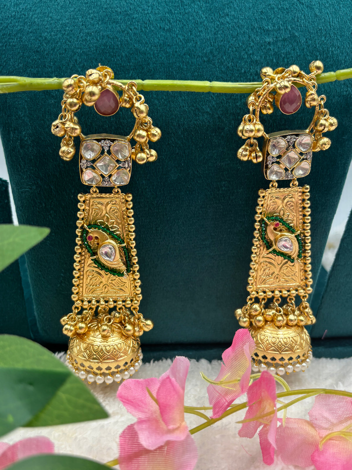 Designer Kashmiri Earrings in Gold Finish with Kundan Stones & Jhumka Drop