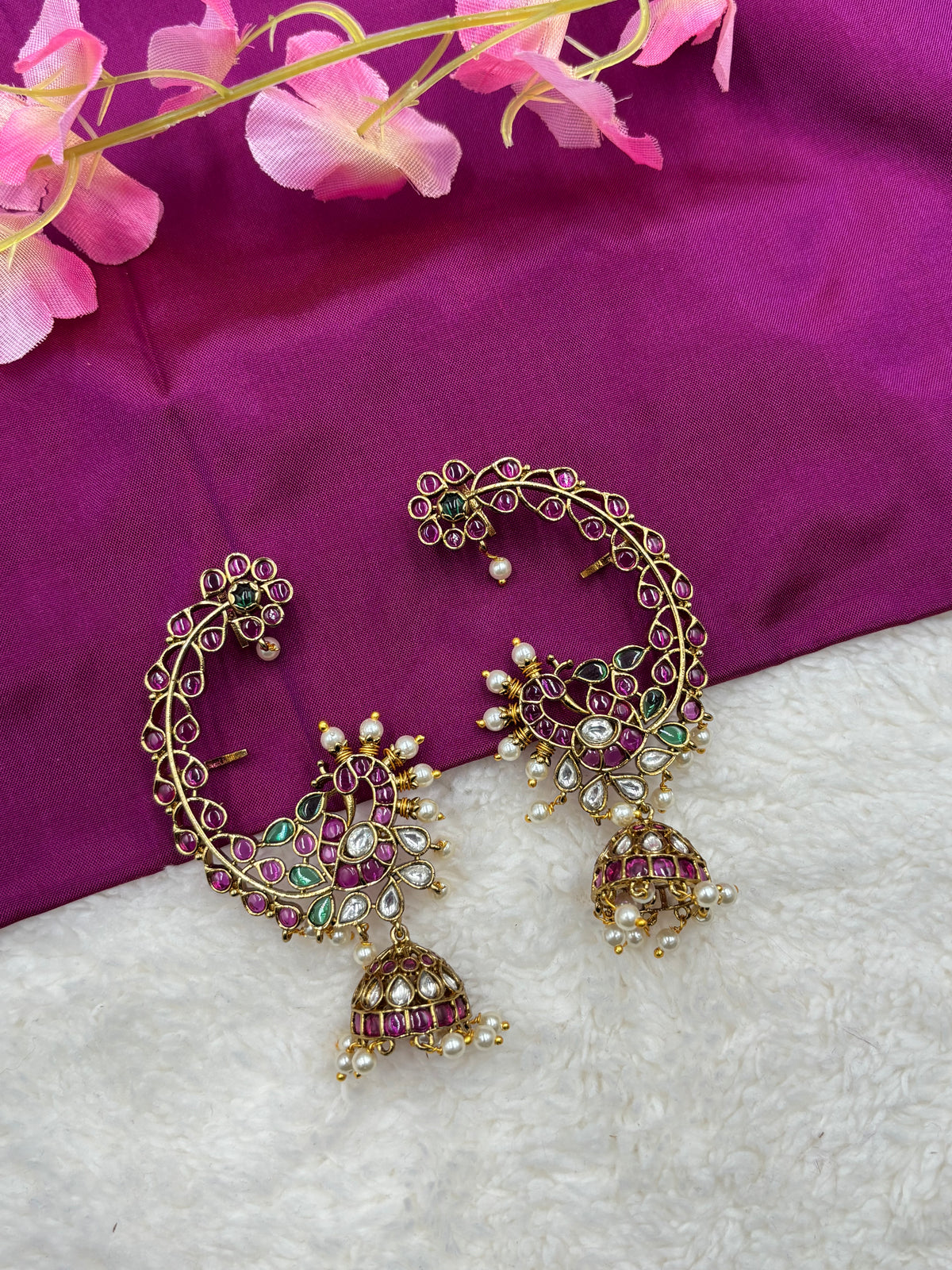 Antique Peacock‑Style Jhumka Earcuff with Ruby, Green & Pearl Detailing