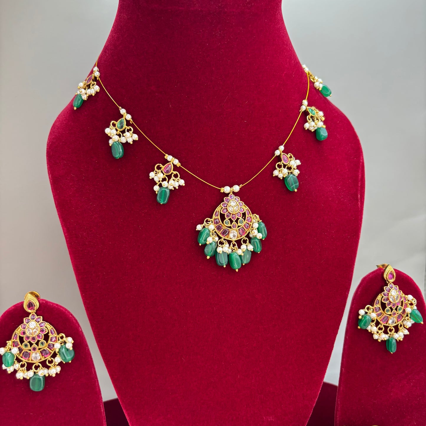Moonlit Charm – Chandbali Invisible Chain Set with Pink & Green Kemp Stones