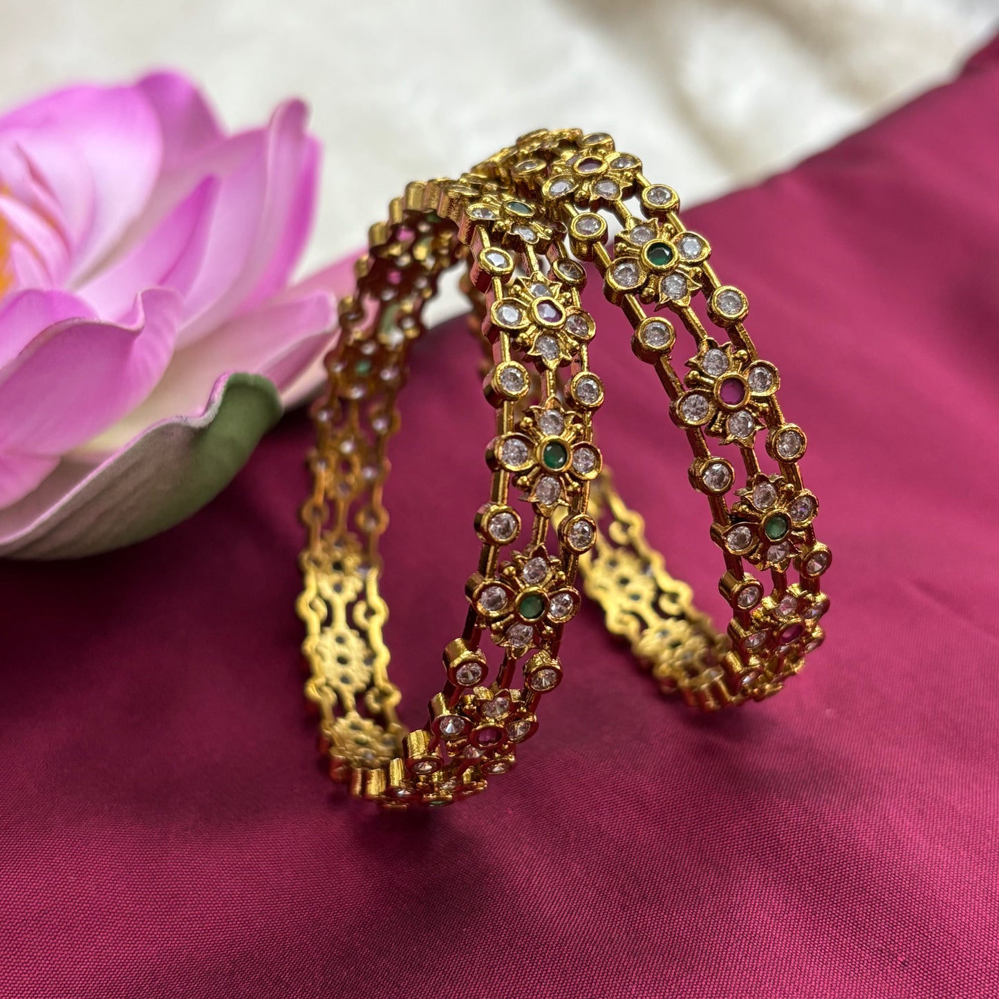 Matte Gold Finish CZ Stone Bangles – Green & Pink Accents