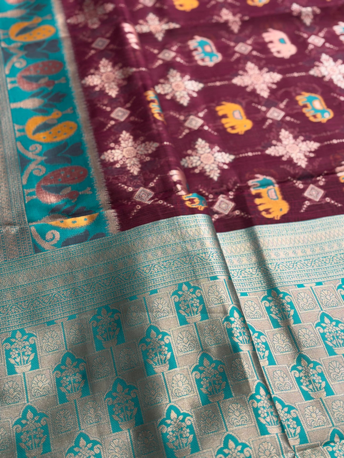Elegant Silk‑Cotton Jamdani Saree – Burgundy Body with Sky‑Blue Border and Elephant Design
