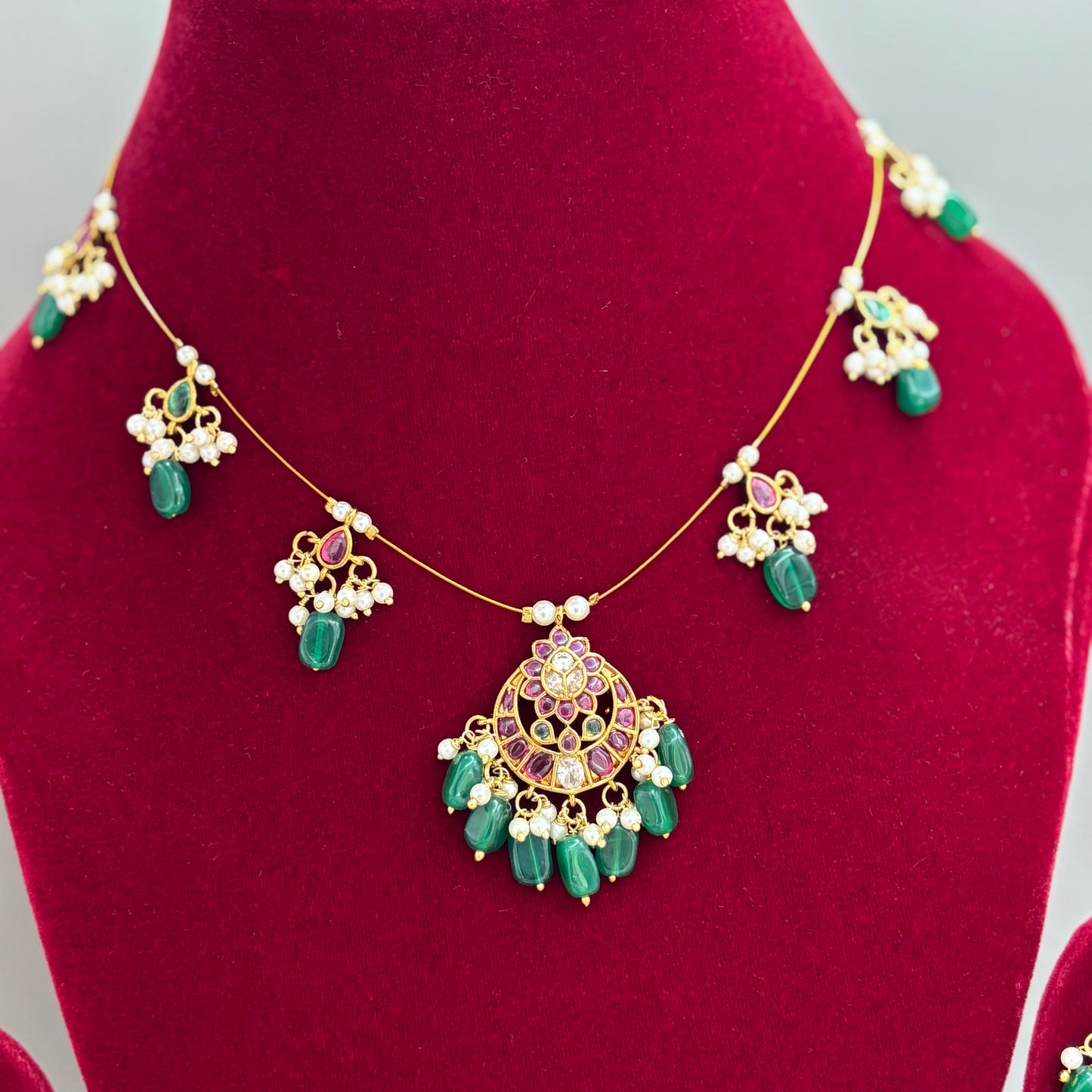 Moonlit Charm – Chandbali Invisible Chain Set with Pink & Green Kemp Stones
