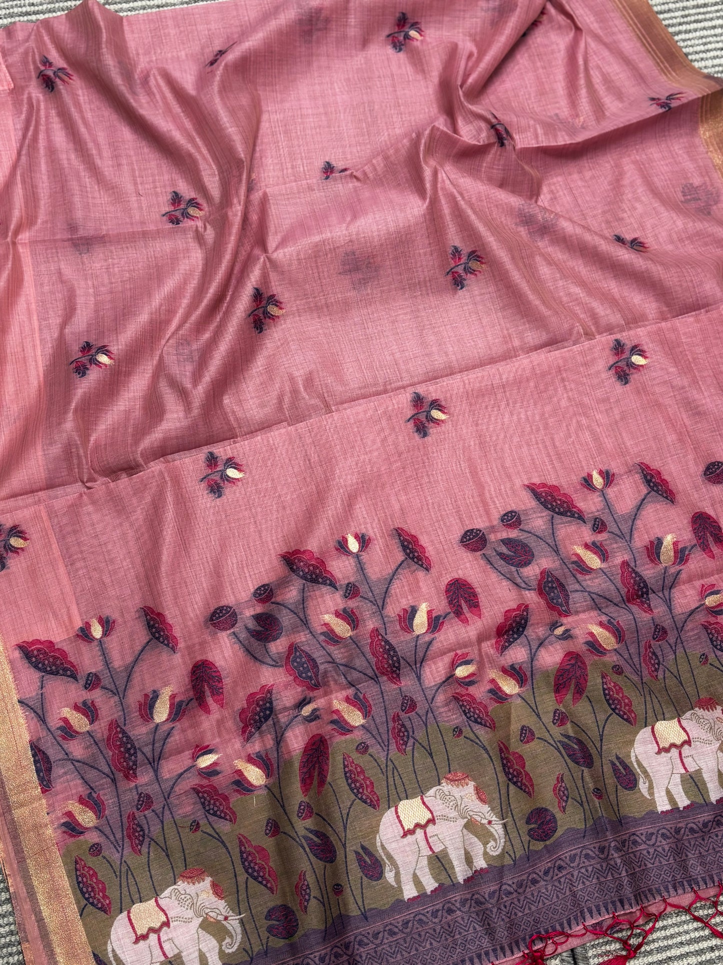 Elegant Pastel Pink Linen Cotton Saree with Floral & Elephant Details