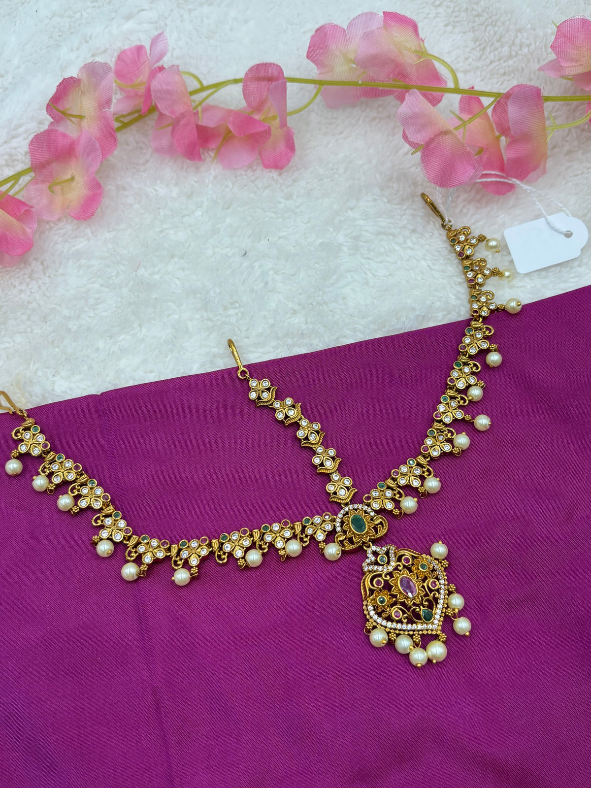 Antique Matte Gold Tikka – Three‑Layer Design with Pink & Green Stones