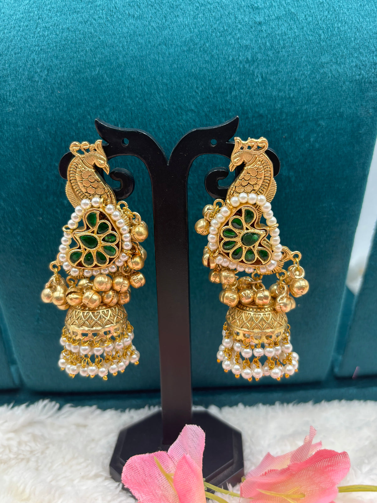 Peacock Kashmiri Earrings with Green Stones, Pearl Border & Carved Gold Dome Jhumka
