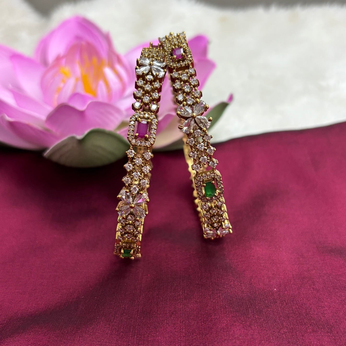 Antique Matte Finish Bangles with Dual-Tone Kemp Stones
