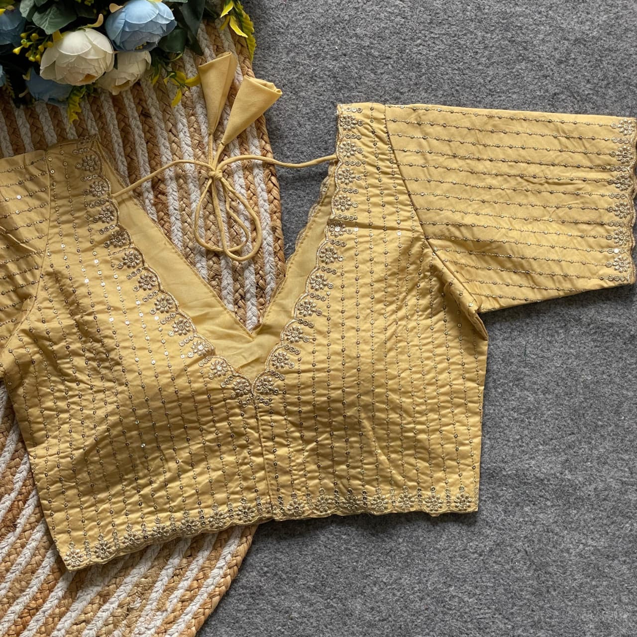 Gold Readymade Blouse with Subtle Embroidery