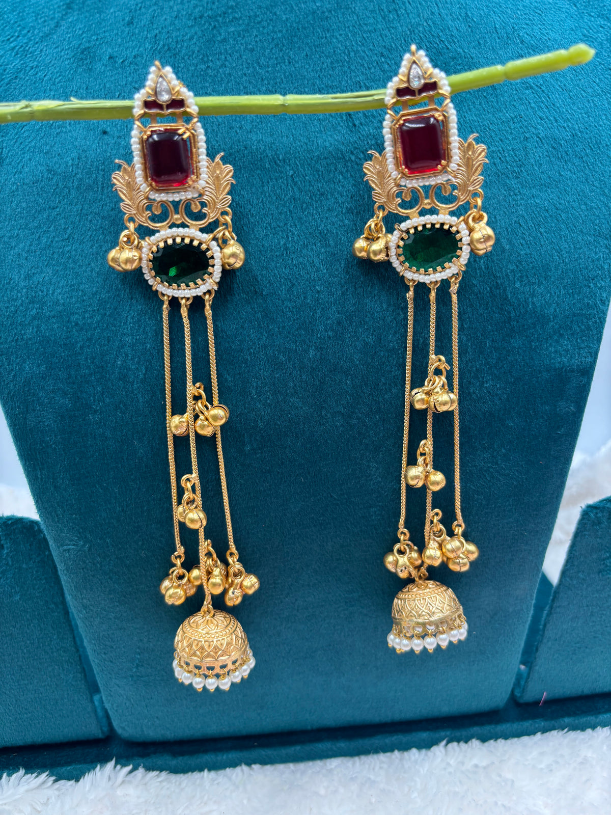 Three‑Layer Kashmiri Kundan Earrings with Red & Green Stones and Pearl Dome