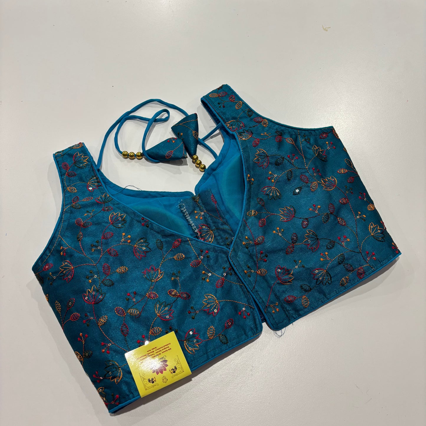 Blue Readymade Blouse with Gold Embroidery & Attached Sleeve Fabric