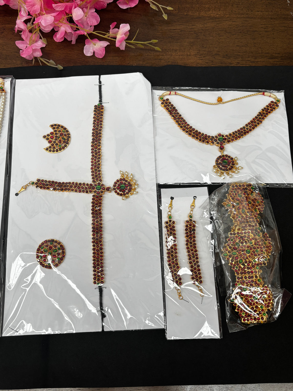 Complete Bharatanatyam Temple Jewellery Set – Kemp Stones & Pearls