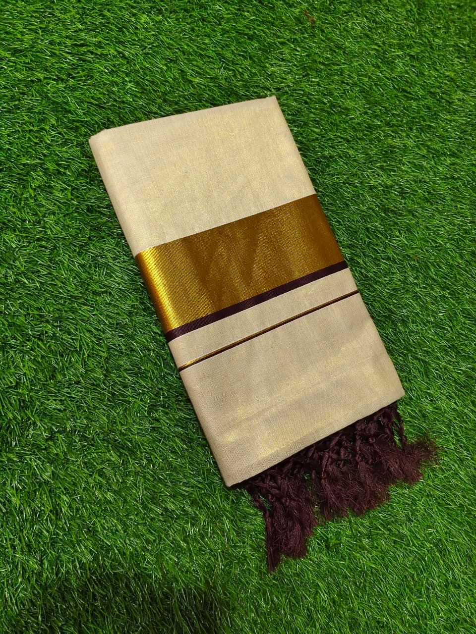 Kerala Kasavu tissue silk saree with coffee brown border and tassels – view 5