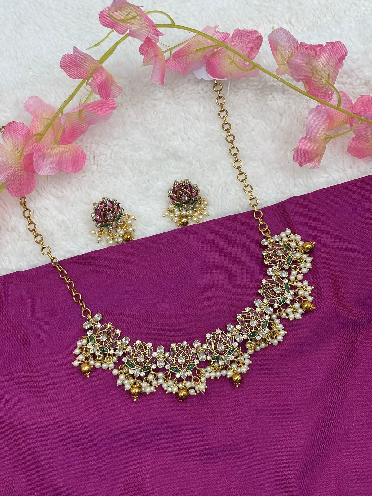 Elegant Floral Lotus Necklace – Antique Gold Finish with Pearls
